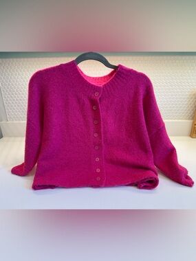 Olivacious Fuchsia Boxy Button-Front Women's Sweater Cardigan